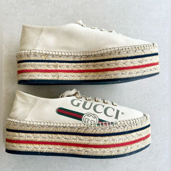 Gucci Cream Canvas Logo Lace-Up Platform Espadrilles Sz 38.5 Collapsible Heels - Picture 4 of 10
